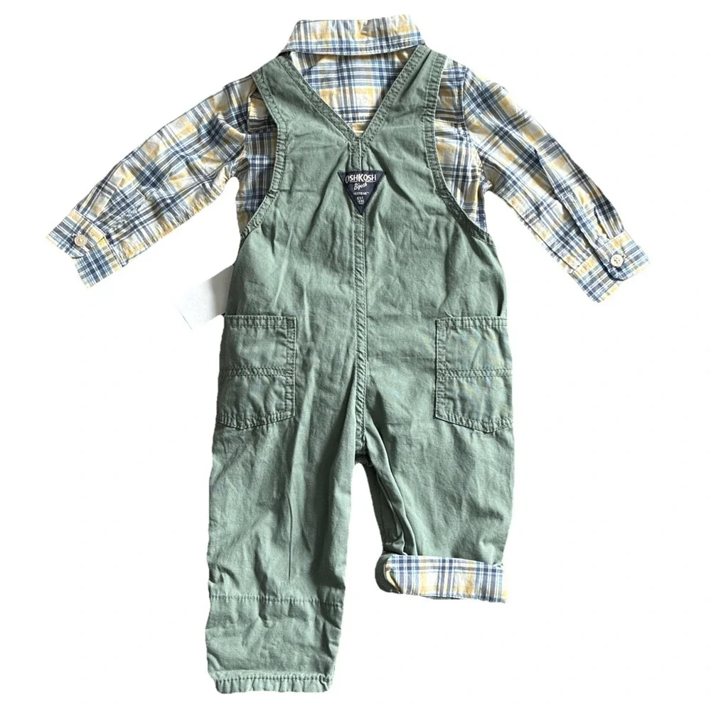 OSHKOSH B'GOSH Vestbak pant overalls Matching Plaid Shirt Boys 12 Months 2 Piece - Picture 10 of 11
